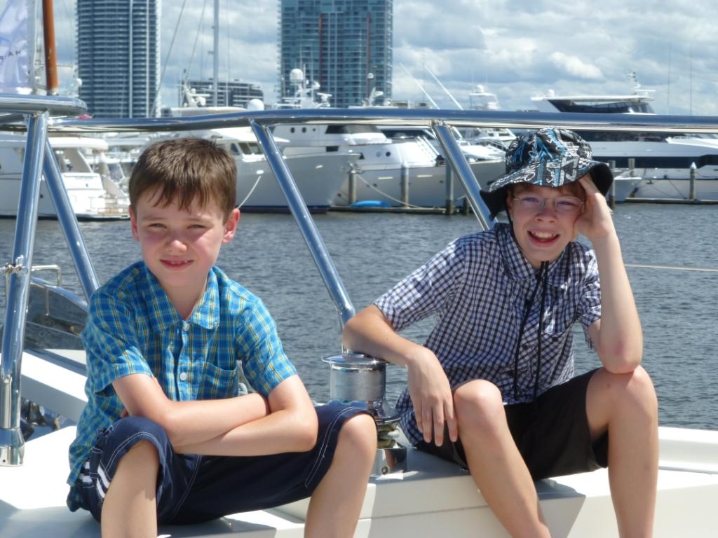 Aaron and Bradley enjoy the Gold Coast Broadwater from the bow of the Hampton 680 © Stephen Milne